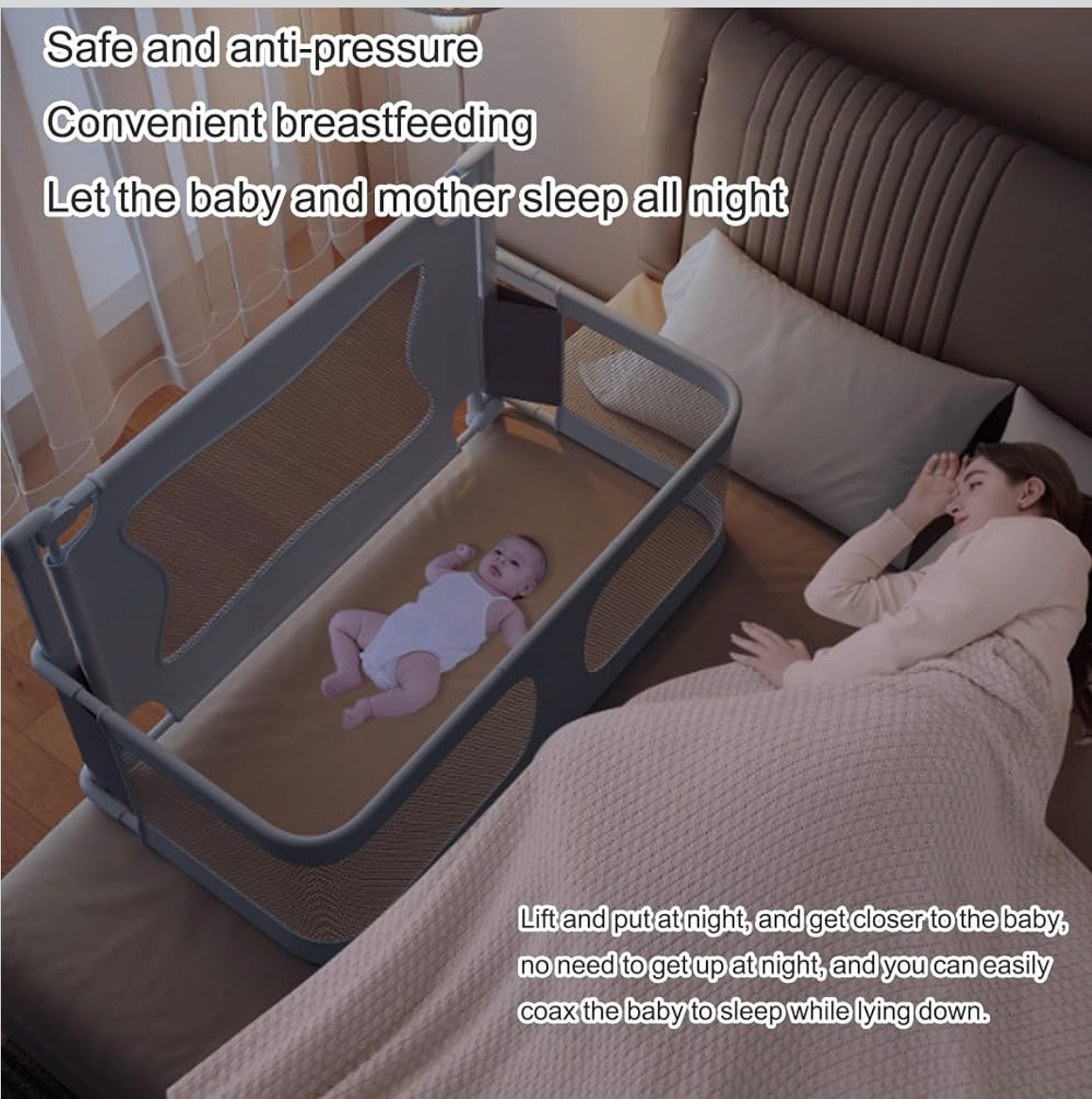 Kidspark 3 in 1 Bedside Crib | Cosleeping Crib | Folding Cot with Mosquito Net | Breathable Mesh Window| Adjustable Height