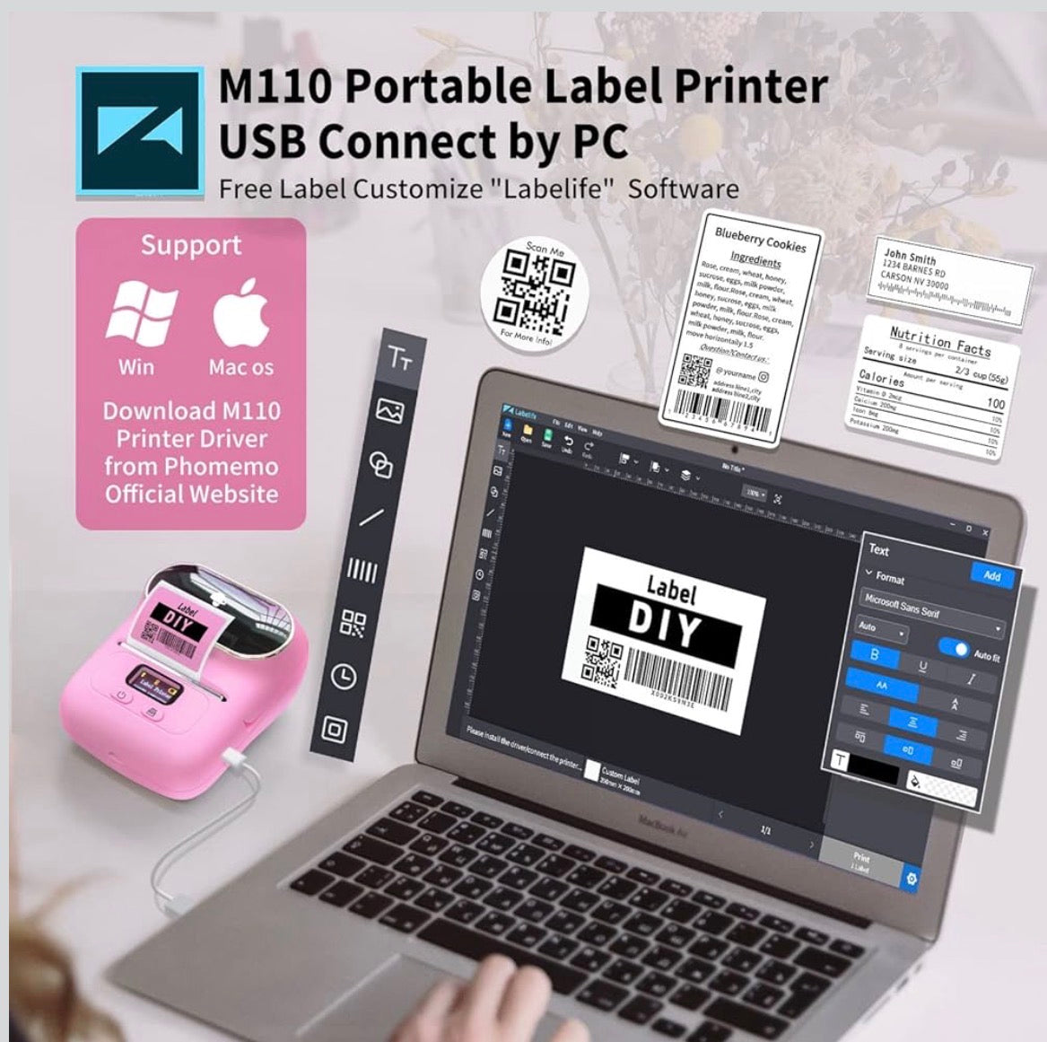 Portable mini wireless 203 dpi thermal label printer