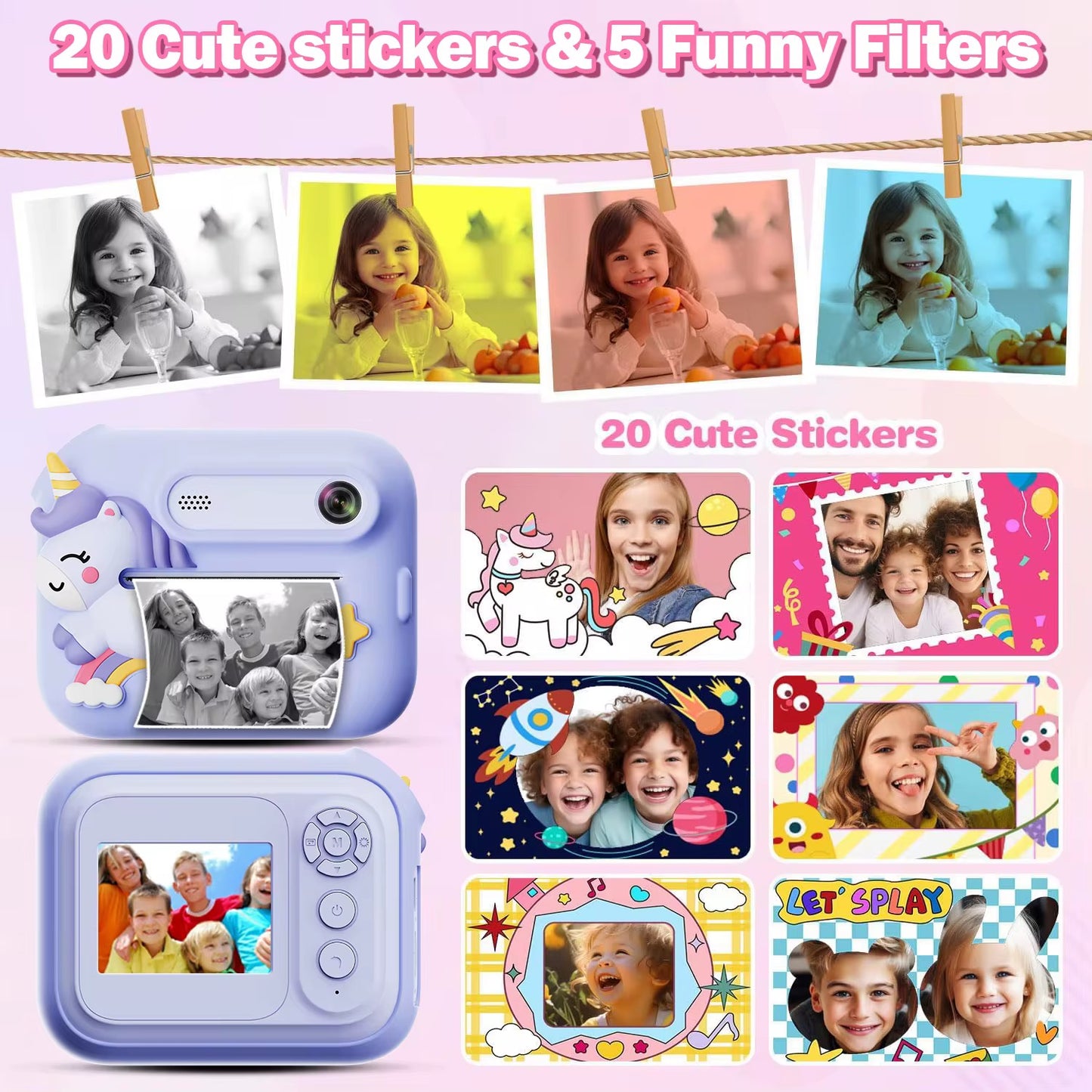 Print camera | 1080P | MP3 player | graffiti | games | stickers | 6 X zoom