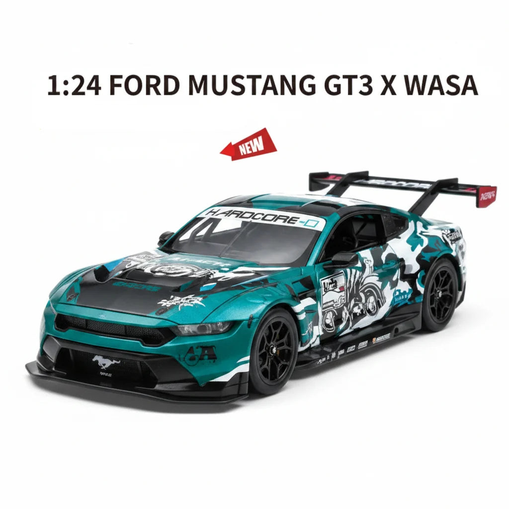 CCA 862293W BLUE 1:24 Ford Mustang GT3 Alloy Diecast Car Model with Openable Doors, Hood, Sound & Light Functions