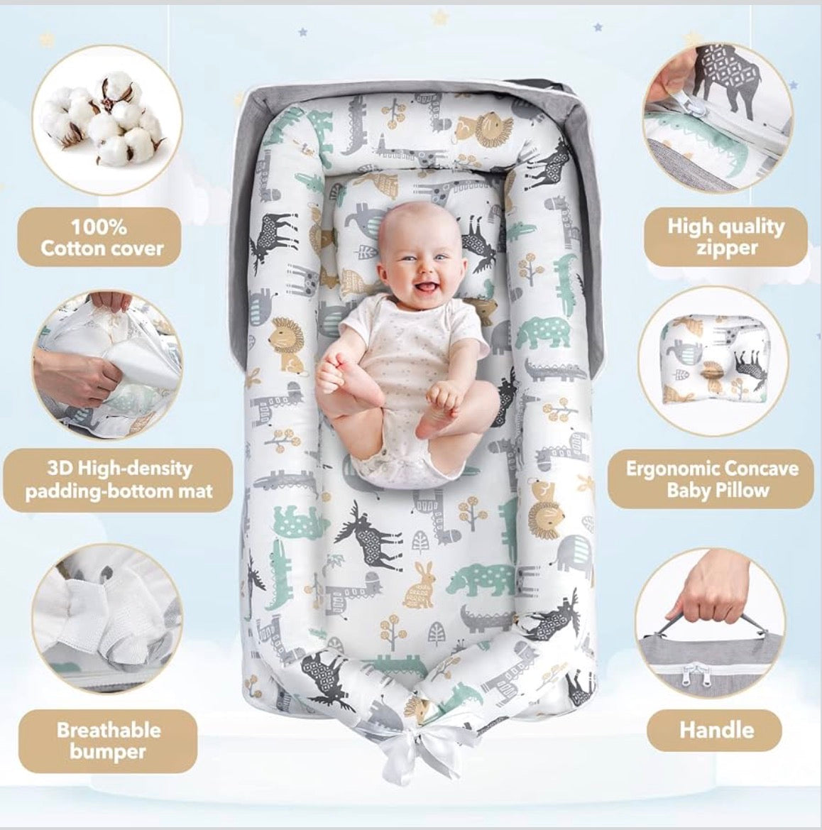 Kidspark Baby Lounger Cover Adjustable Baby Nest Cover for Co Sleeping, Ultra Soft 100% Cotton Baby Bed Cover Perfect for Traveling and Napping