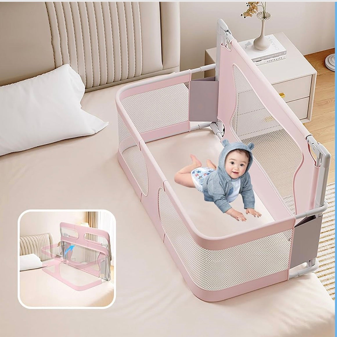 Kidspark 3 in 1 Bedside Crib | Cosleeping Crib | Folding Cot with Mosquito Net | Breathable Mesh Window| Adjustable Height
