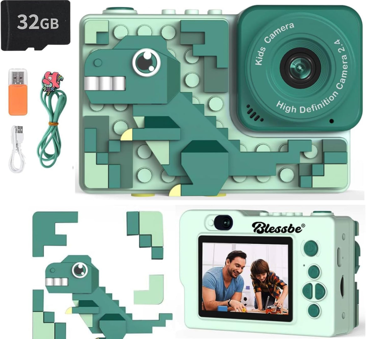Kids Camera Dinosaur for years 3 to 8 Years Digital Camera for Children with Building Block Dual Lens 2.4 Inch HD Screen 64GB inbuilt music player and games