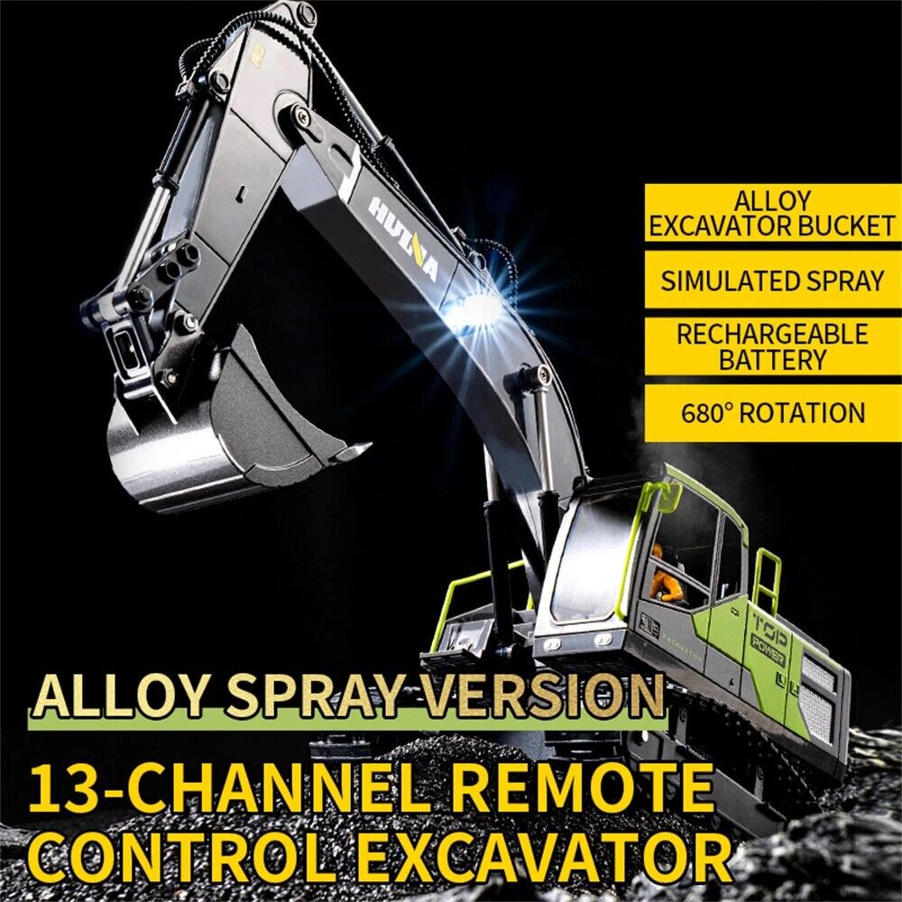 Huina 1661 1:18 Die-Cast Metal RC Excavator – 11CH Radio Control Construction Vehicle with Lights