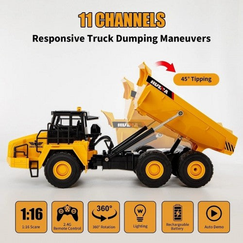 Huina 1553 Rc Excavator Huina 1: 16 11CH 2.4G Electric Sound and Light Alloy Metal Dump Car RC Die-cast Truck Remote Control Toys