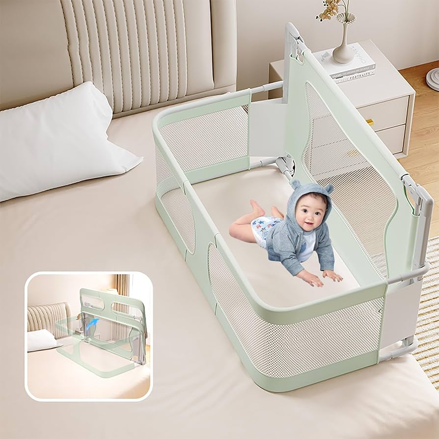 Kidspark 3 in 1 Bedside Crib | Cosleeping Crib | Folding Cot with Mosquito Net | Breathable Mesh Window| Adjustable Height