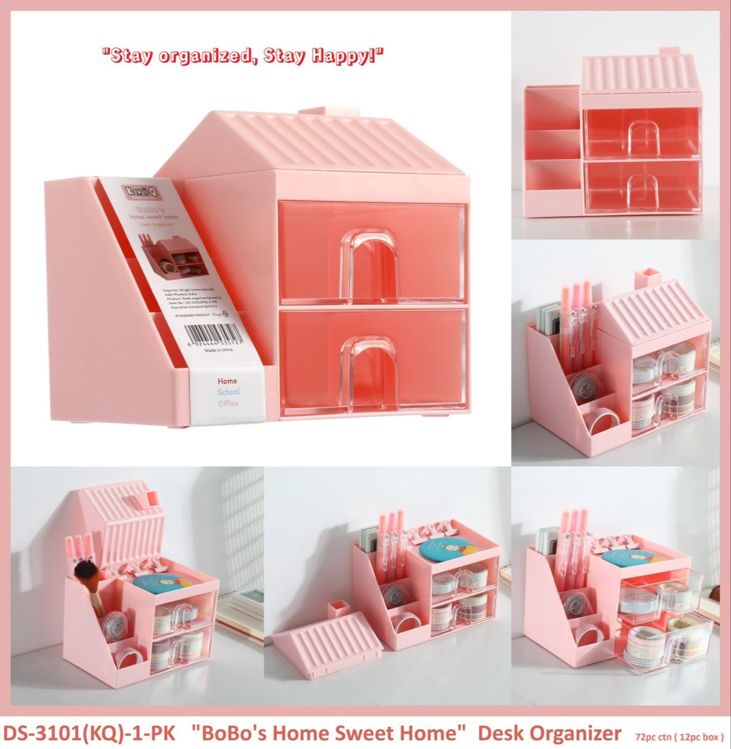 Stationary desk organizer with DIY stickers | Hut shaped (pink)