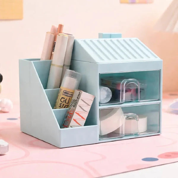 Stationary desk organizer with DIY stickers | Hut shaped (blue)