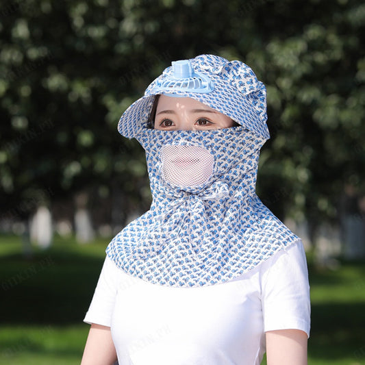 Kids/women USB charging face mask with fan breathable sun hat summer UV protection neck cover cap Visor ( blue bow ) - Kidspark