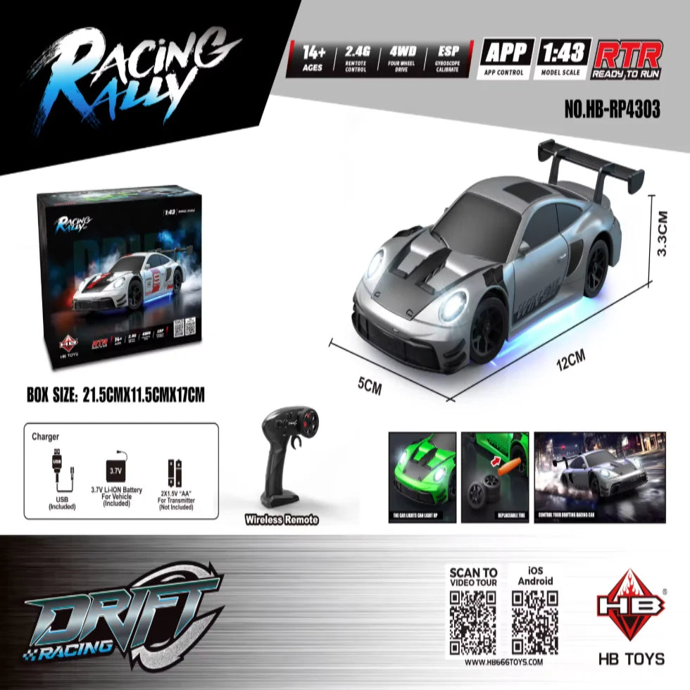 HB Toys RP4303 1:43 Porsche 911 GT3 R Grey RC Drift Car