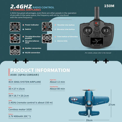 WLtoys XK A500 F4U Corsair 2.4GHz 6CH RC Airplane with 3D/6G Flight Mode & Gyroscope – 1 Battery